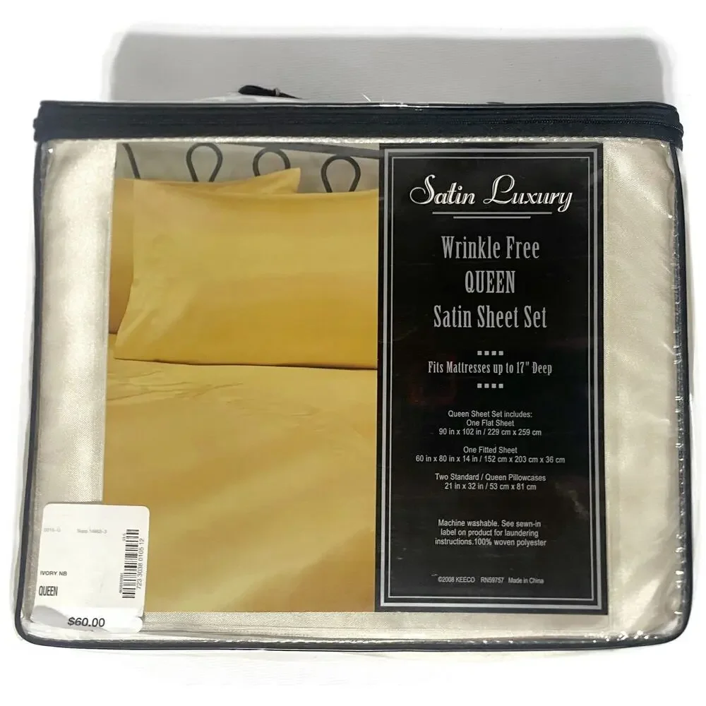 Keeco Wrinkle Free Queen Satin Sheet Set Tan Ivory NIB